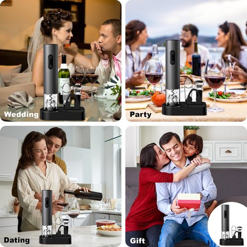 COKUNST Electric Wine Opener, 4-in-1 Wine Bottle Opener Set with Base, Cordless Automatic Battery Operated Corkscrew with Foil Cutter, Pour, Vacuum Stoppers, Gift for Home Party, Staninless Steel