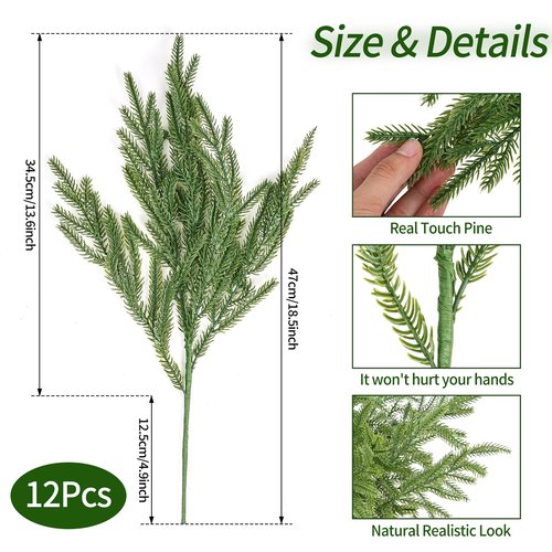 JEVEHWV ﻿12 Pcs 18 Inch Artificial Norfolk Pine Christmas Pine Branches，Real Touch Christmas Greenery Pines Branches for DIY Flower Arrangement Crafts Garland Wreath Xmas Indoor Outdoor Home Decor