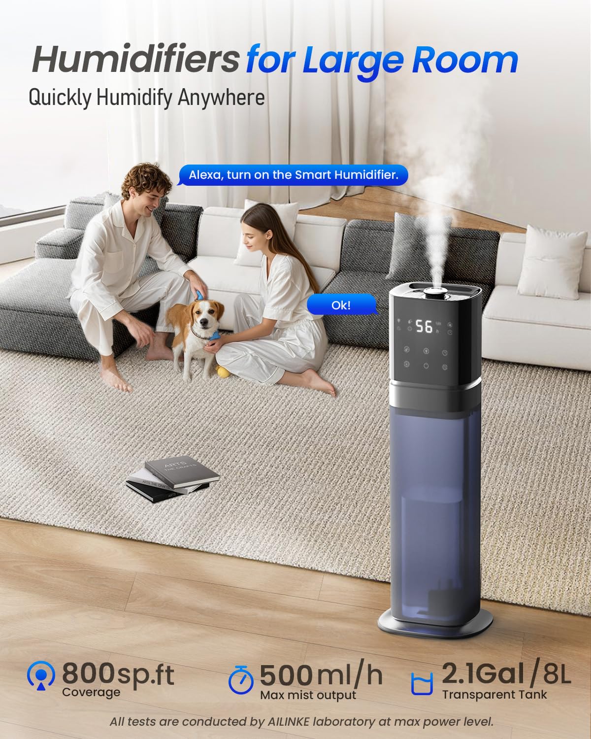 AILINKE Humidifiers for Bedroom 2.1Gal/8L, Smart Humidifier for Large Room, Cool Mist Humidifiers for Home Kids Plants, Top Fill Humidifier with Extension Tube, WIFI APP & Voice Control, Dark Blue