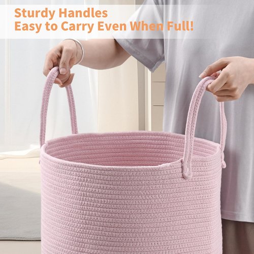 Happyiren 2-Pack Extra Large Cotton Rope Hamper Baskets – 15"x18" Oversized Woven Storage Bins for Blankets, Toys, Dirty Clothes – Pink & Beige Decorative Hamper for Nursery, Living Room, Laundry Room