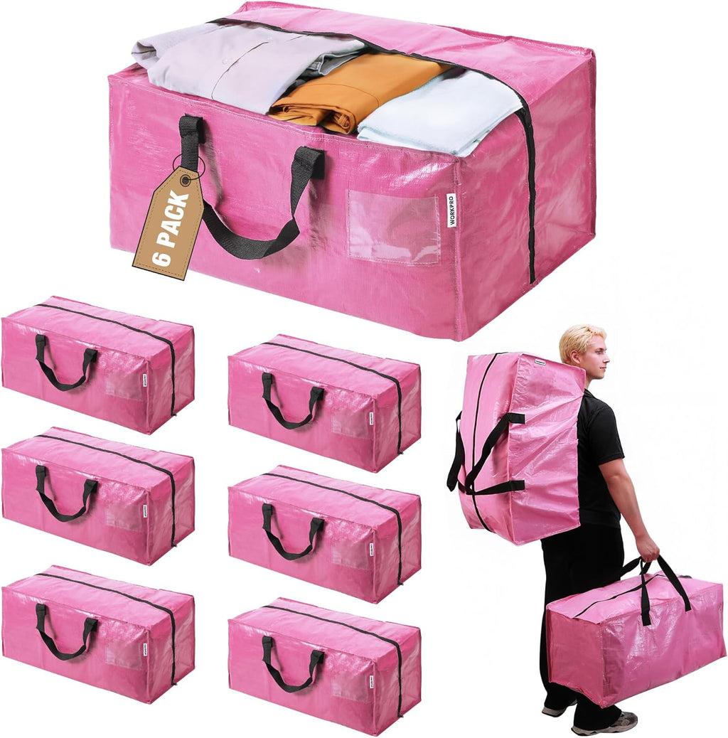 WORKPRO Extra Large Moving Bags - Heavy-Duty Storage Totes with Zippers & Backpack Straps | 6 Pack (Pink)