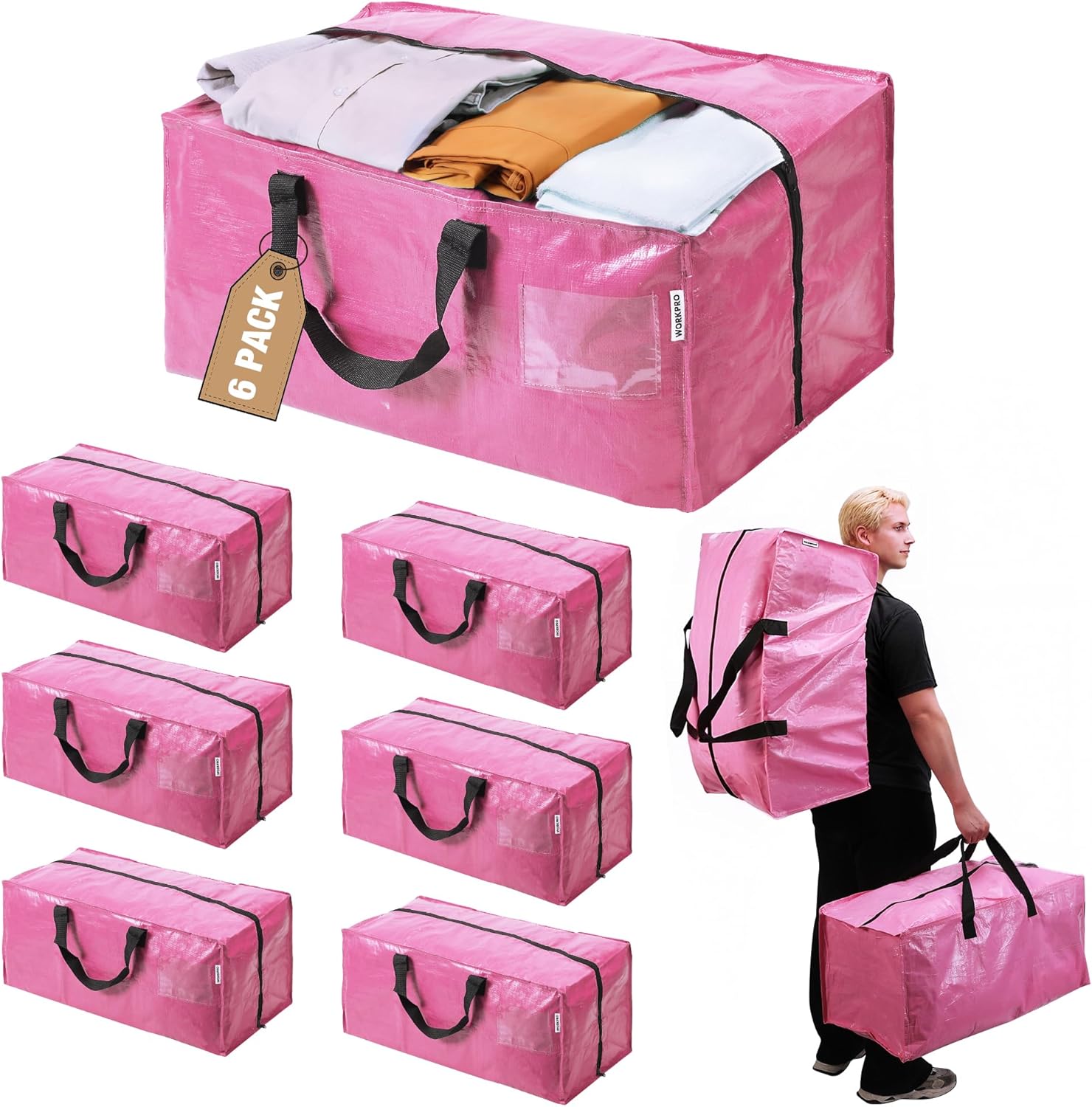 WORKPRO Extra Large Moving Bags - Heavy-Duty Storage Totes with Zippers & Backpack Straps | 6 Pack (Pink)