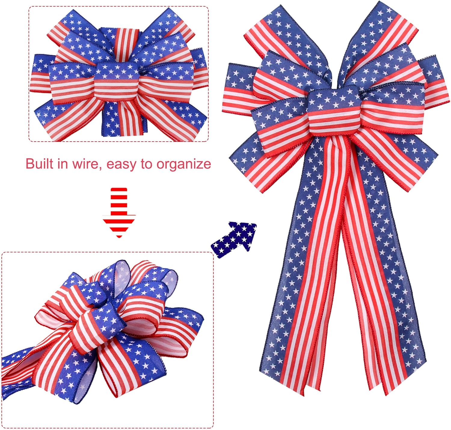 Skiennix Large Patriotic Wreath Bows - Star & Stripe American Flag Design | 20" x 12" Red & Blue Burlap for Holidays