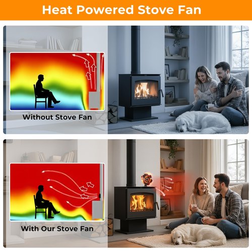 Wood Stove Fan Compatible for Buddy Heater, Heat Powered Stove Fan with Bracket for Heaters, Thermal Fireplace Fan Non Electric for Camping/Picnics/Pellet/Wood Burning Stove