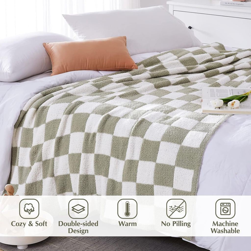 WRENSONGE Checkered Throw Blanket - Soft Sage Green Cozy Handmade Blanket for Couch, Sofa, Travel