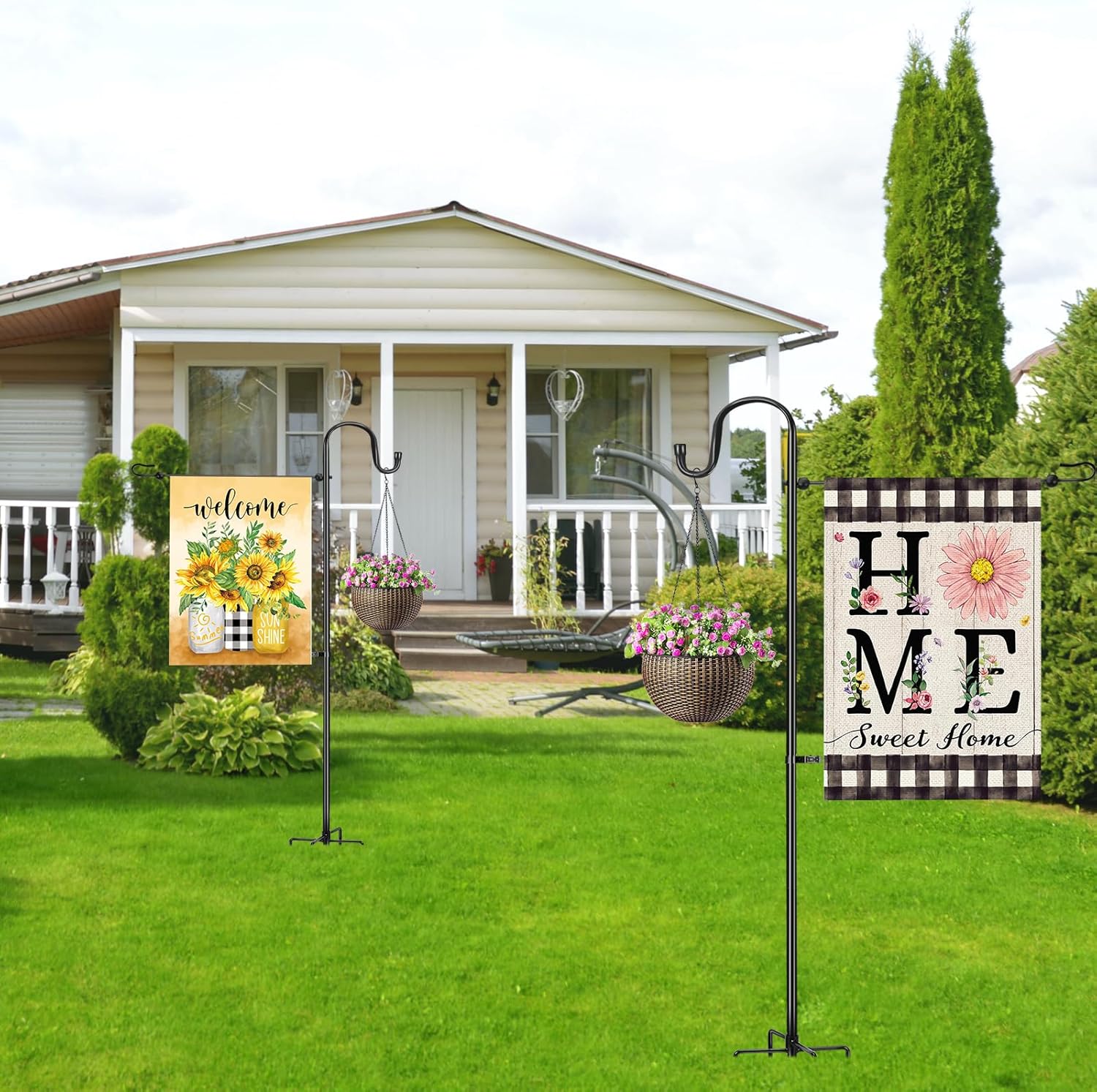 Skiennix Garden Flag Stand - Heavy Duty Holder for 12x18 Flags | 46-Inch Shepherd Hook for Patio & Yard Decor