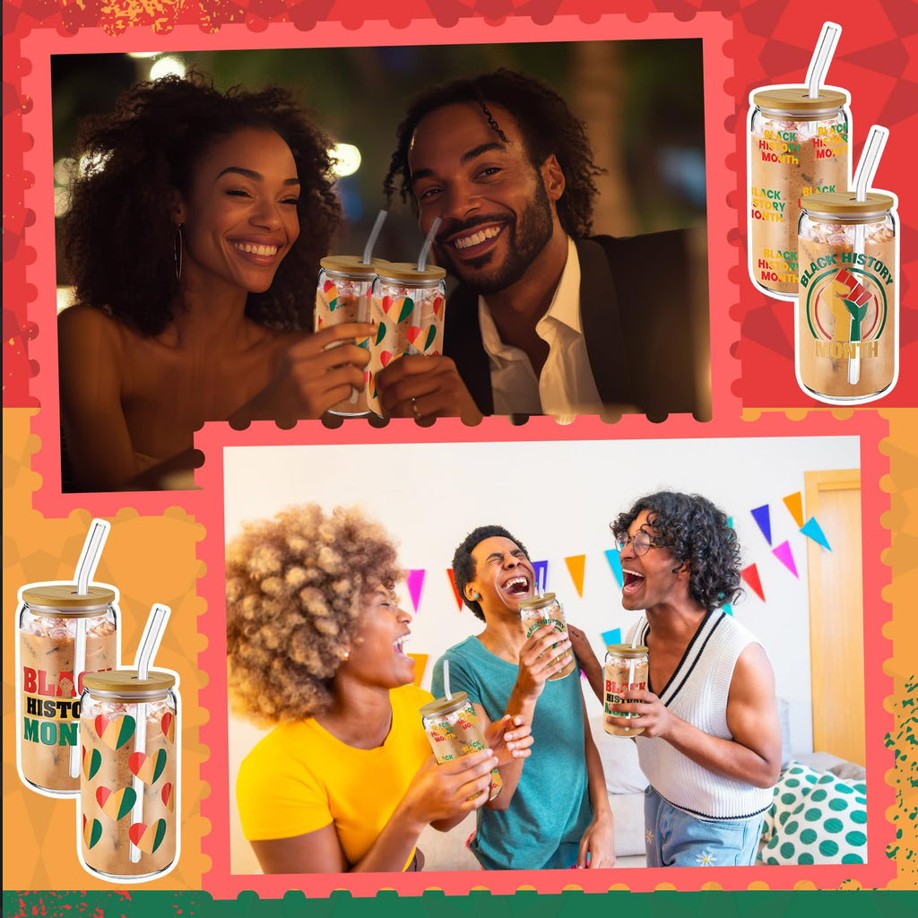 Acellegic 6 Pcs Black History Month Gifts Cups Glass Tumbler with Lids and Straws 16oz African American Bulk Party Favors Reusable Can Shaped Drinking Glasses for Juneteenth Party Supplies