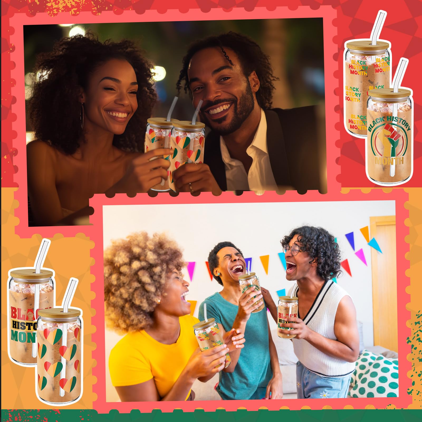 Acellegic 6 Pcs Black History Month Gifts Cups Glass Tumbler with Lids and Straws 16oz African American Bulk Party Favors Reusable Can Shaped Drinking Glasses for Juneteenth Party Supplies