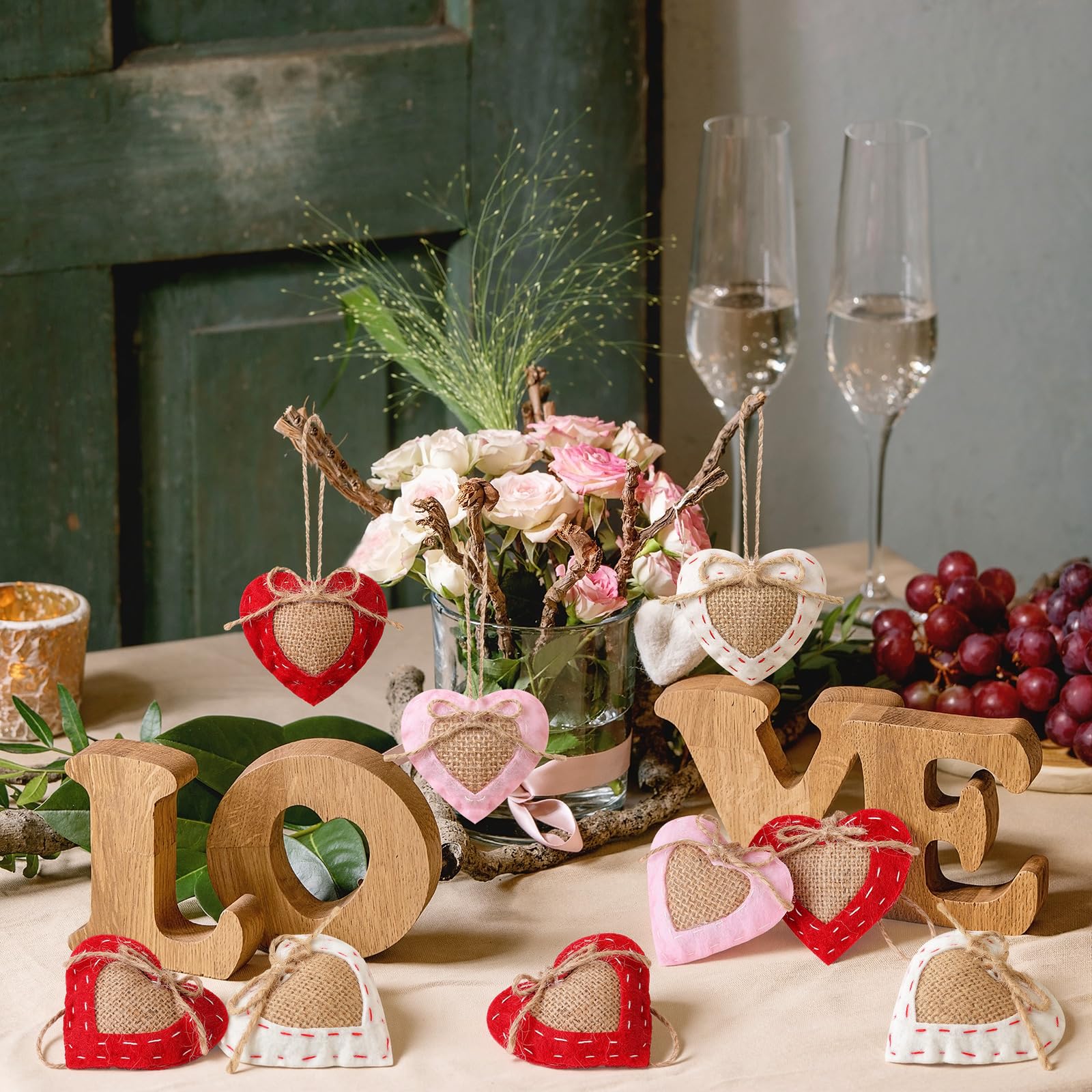 Vercraft 24 Pcs Neutral Valentine's Day Ornaments Felt Heart Ornament White Red Pink Stuffed Heart Bowl Vase Fillers Rustic Farmhouse Barn Style Valentines Day Decor for Tree Home Table Party Decor