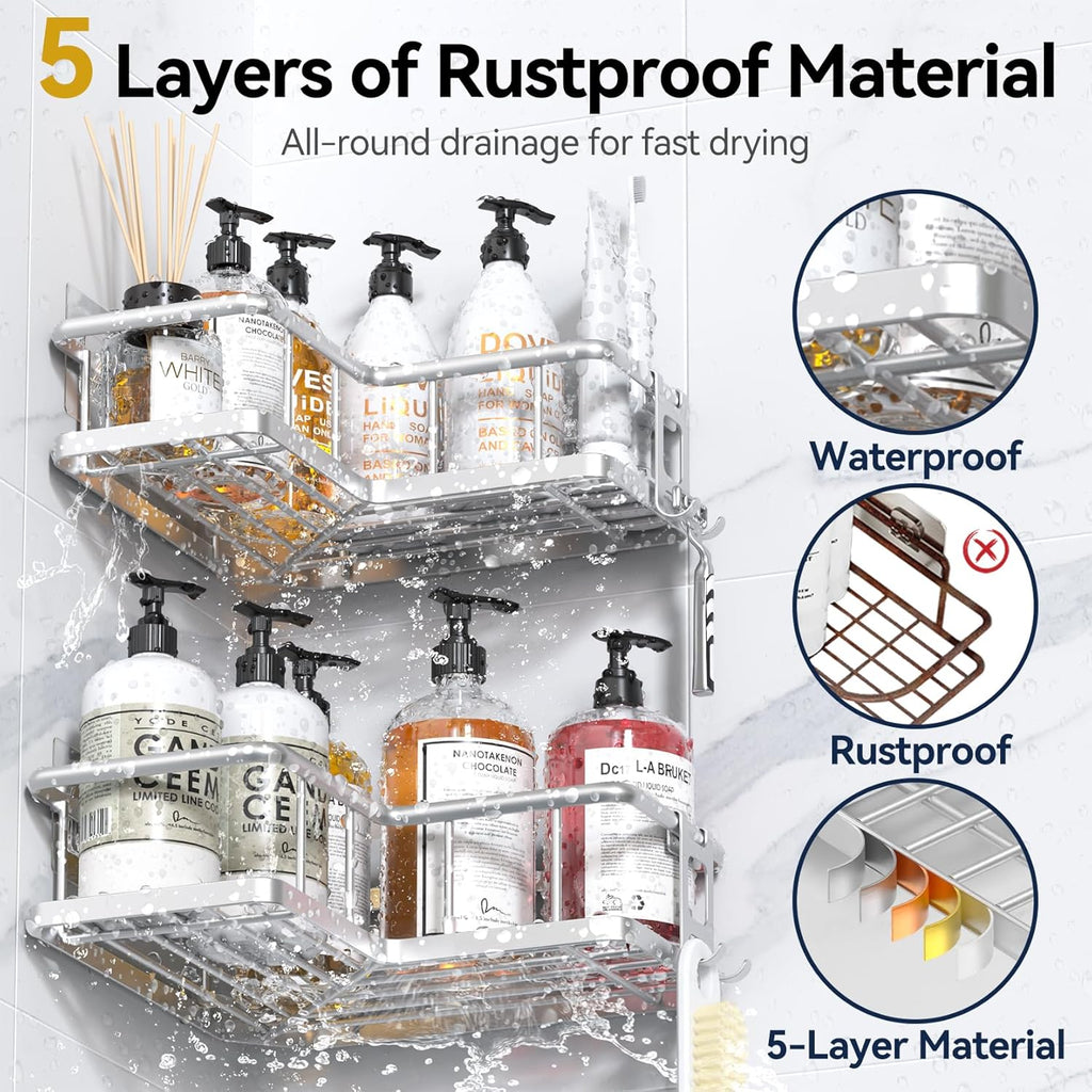 YASONIC Shower Caddy - 2-Pack Rustproof Stainless Steel Corner Shelves with Soap Holder | No-Drill Design for Dorms & Bathrooms