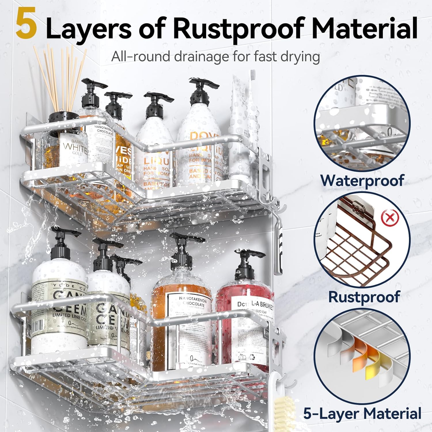 YASONIC Shower Caddy - 2-Pack Rustproof Stainless Steel Corner Shelves with Soap Holder | No-Drill Design for Dorms & Bathrooms