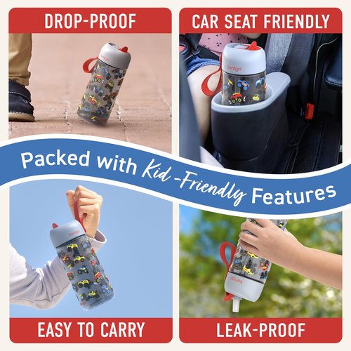 Bentgo Kids Water Bottle - Leak-Proof, Durable Tritan, BPA-Free 15 oz. Cup for Kids/Toddlers Ages 3+, Bite & Sip Spout, Carrying Handle, & Dishwasher Safe for School, Sports, Daycare & Camp (Trucks)