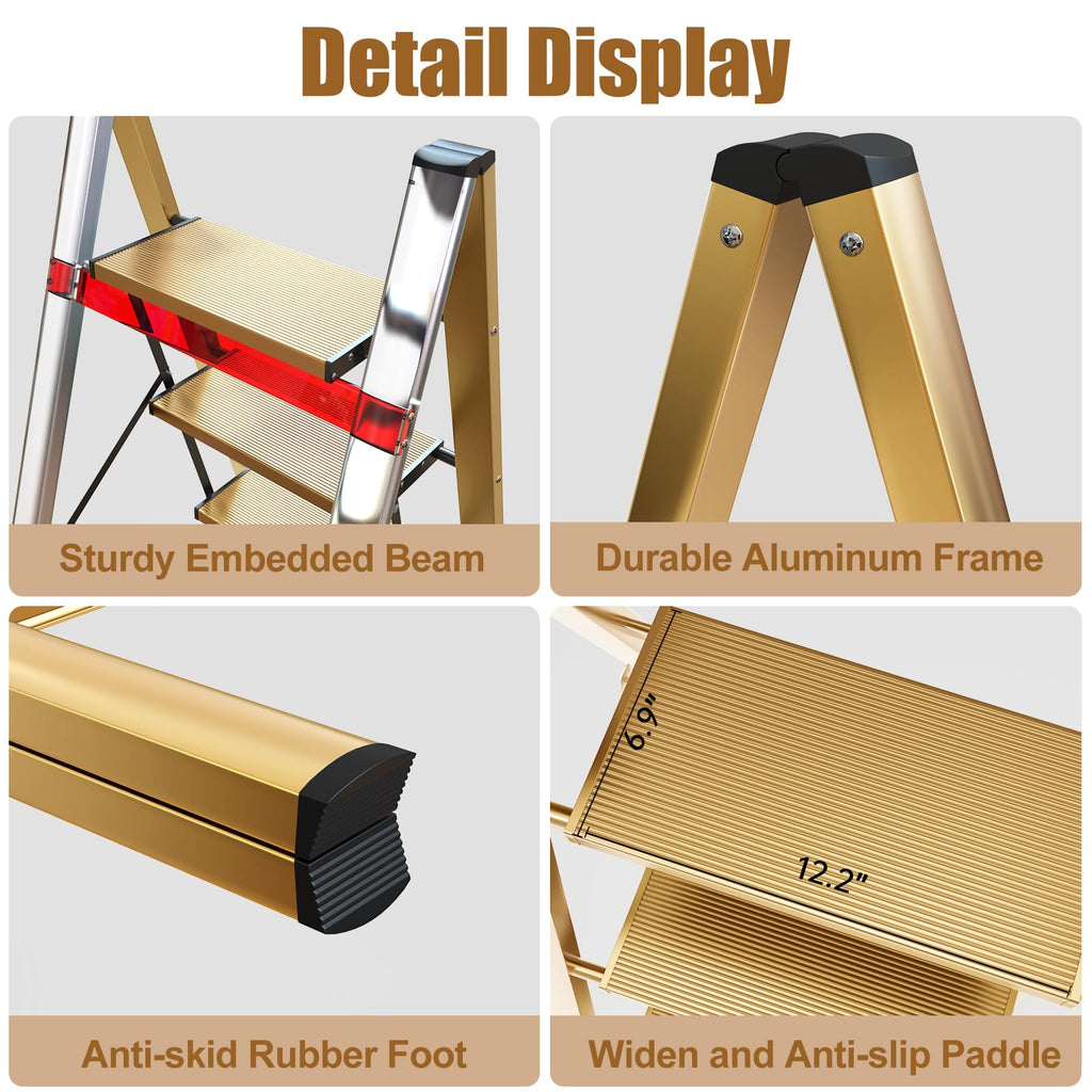 hismocal Foldable 3 Step Stool Ladder for Closet/Kitchen - Aluminium Gold Step Ladder, 330lbs Lightweight with Anti-Slip Wide Pedal, Portable for Kids/Adults