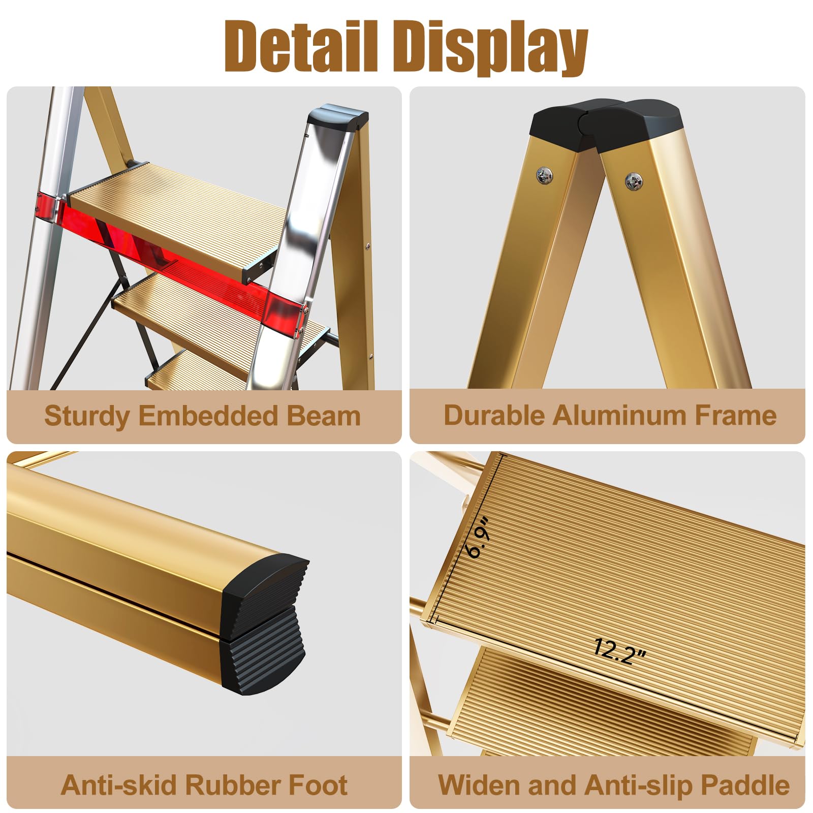 hismocal Foldable 3 Step Stool Ladder for Closet/Kitchen - Aluminium Gold Step Ladder, 330lbs Lightweight with Anti-Slip Wide Pedal, Portable for Kids/Adults