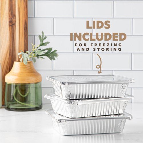 PLASTICPRO 50 Pack Aluminum Pans 6.5'' X 9" Disposable Pans with Covers Heavy Duty 2.25 lb Foil Pans for Baking and Cooking