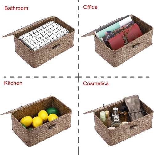 Hipiwe Wicker Shelf Baskets - Handwoven Seagrass Storage Bins with Lid | Rectangular Home Organizer, Coffee Small