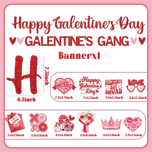 Lenyunge Galentines Day Decor, Galentines Gang Banner & Decorations, Red & Pink Heart Shaped, Leslie Knope Theme