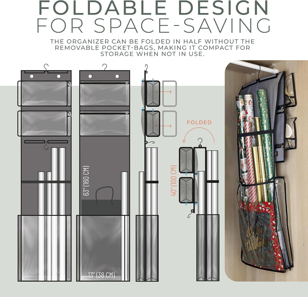 Wrapping Paper Organizer - 63" Double-Sided Vertical Gift Wrap Holder with 4 Zipper Bags & Hooks | Space-Saving Storage for Rolls & Ribbons