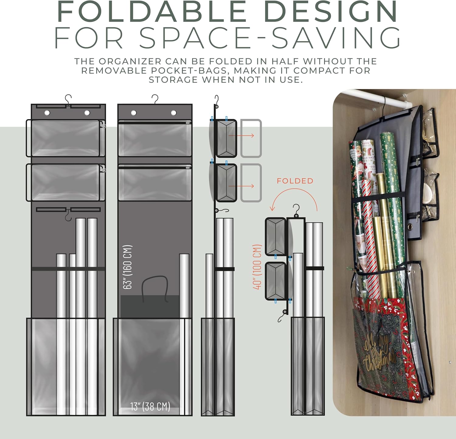 Wrapping Paper Organizer - 63" Double-Sided Vertical Gift Wrap Holder with 4 Zipper Bags & Hooks | Space-Saving Storage for Rolls & Ribbons