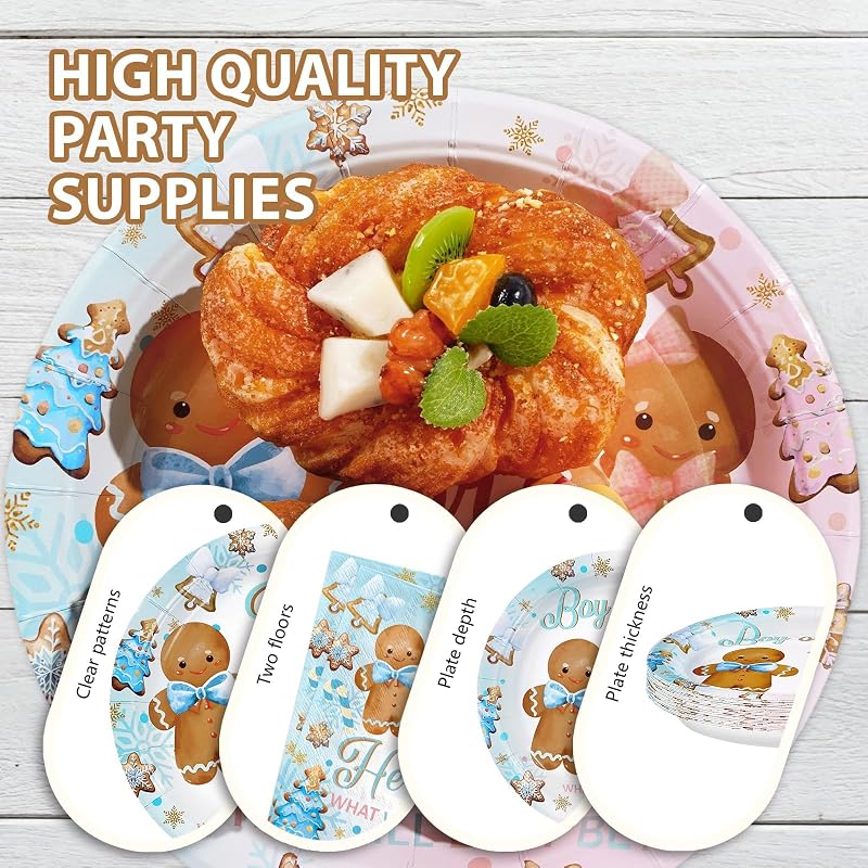 96Pcs Gingerbread Gender Reveal Party Tableware Kit – He or She Plates, Napkins & Forks, 24 Serves