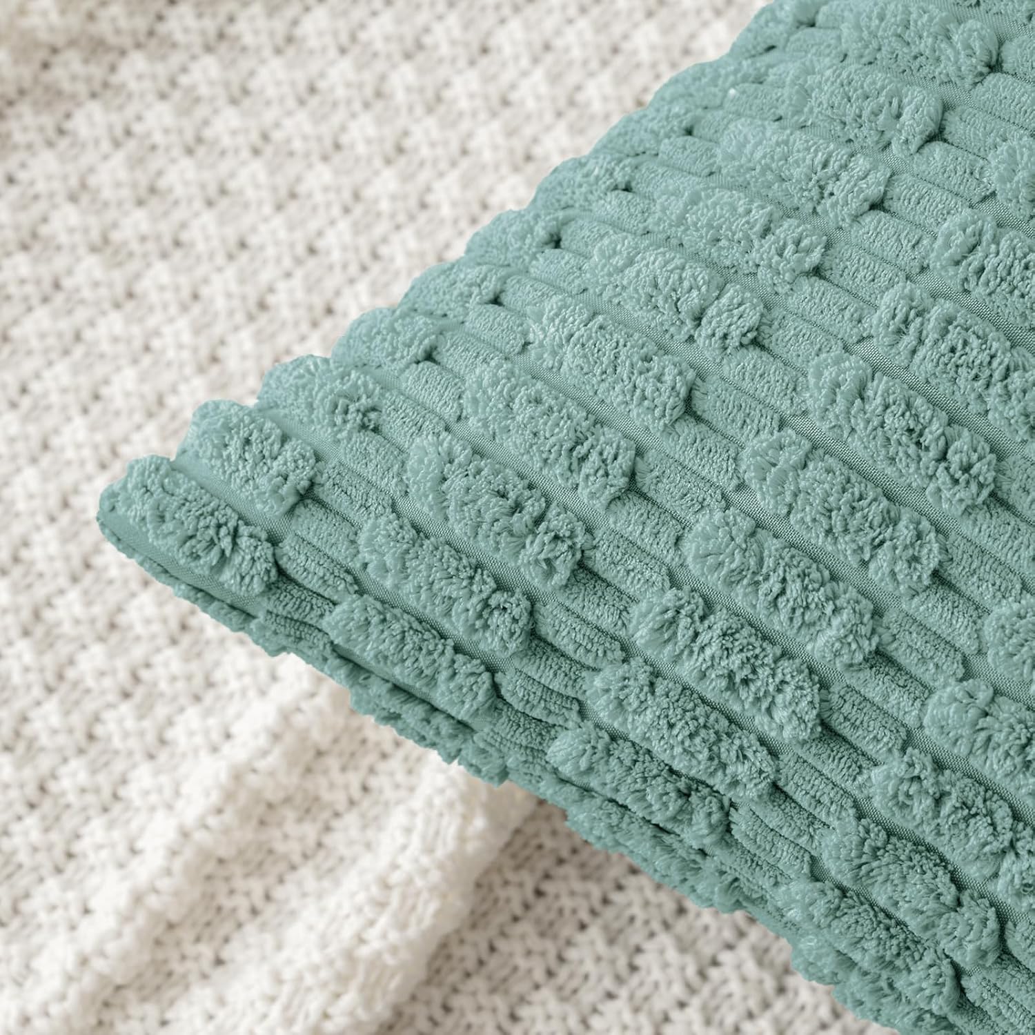 MIULEE Corduroy Throw Pillow Covers - Soft Boho Striped Design | 16x16 Inch Teal Green for Modern Home Decor