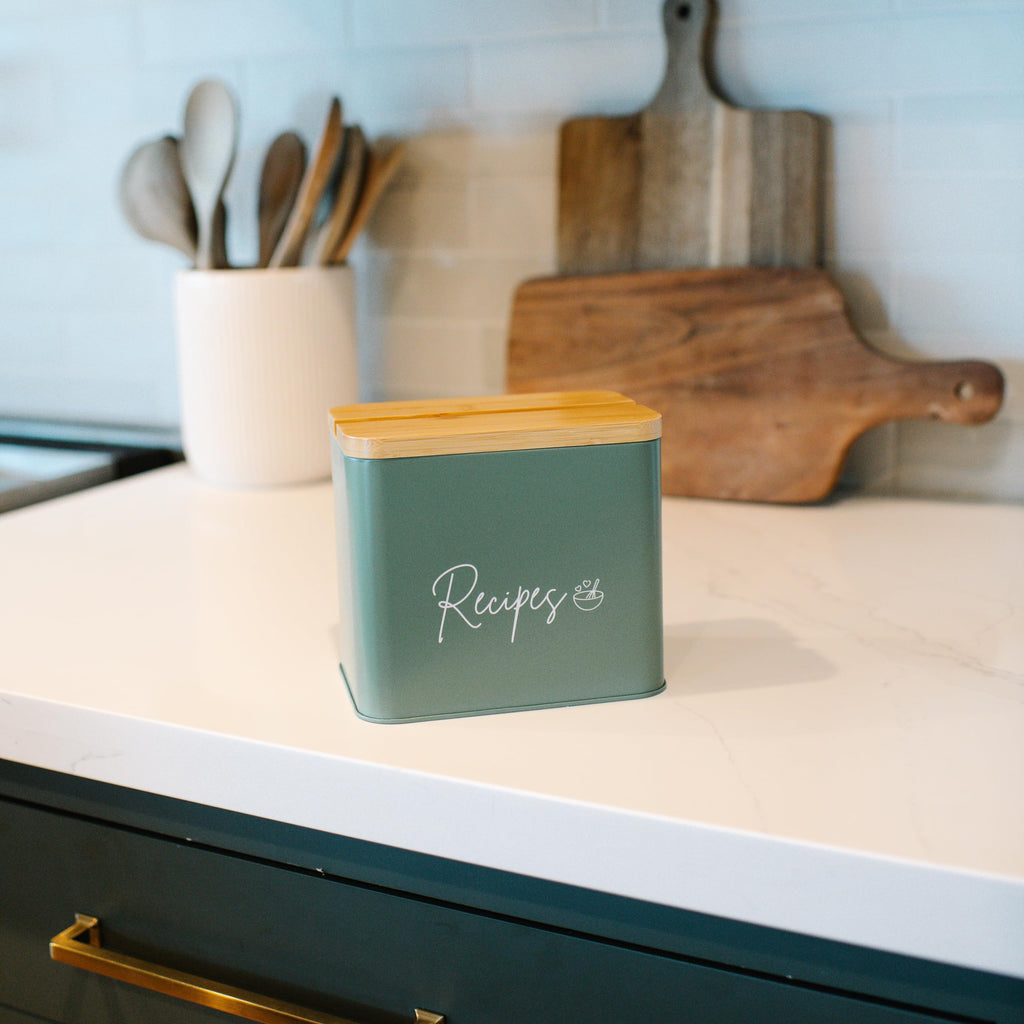 Sage Green Recipe Organizer with Wooden Lid - Set Includes 12 Dividers & 30 Blank 4 x 6" Recipe Cards