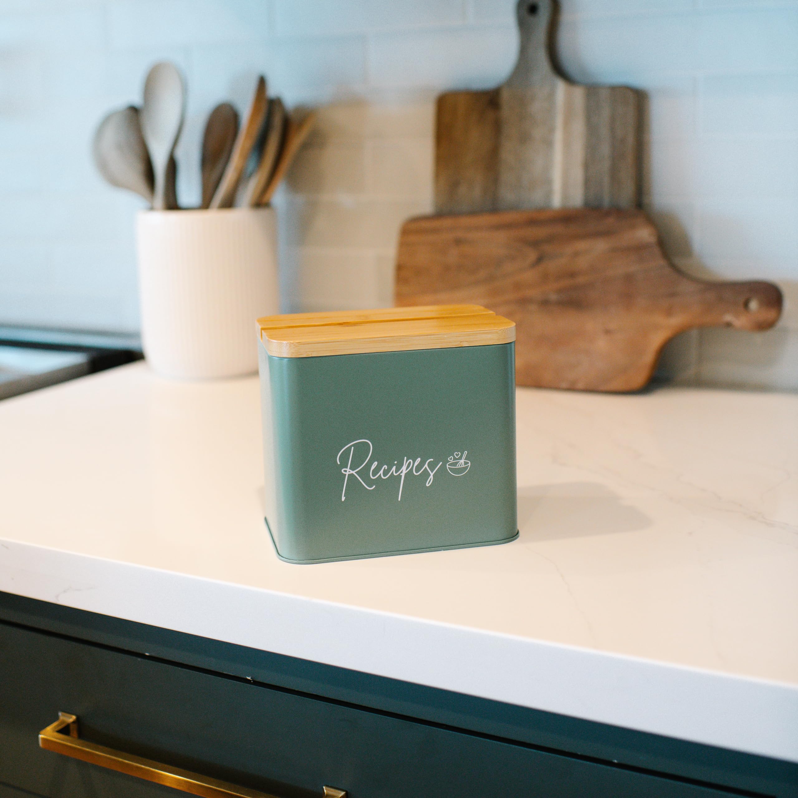 Sage Green Recipe Organizer with Wooden Lid - Set Includes 12 Dividers & 30 Blank 4 x 6" Recipe Cards