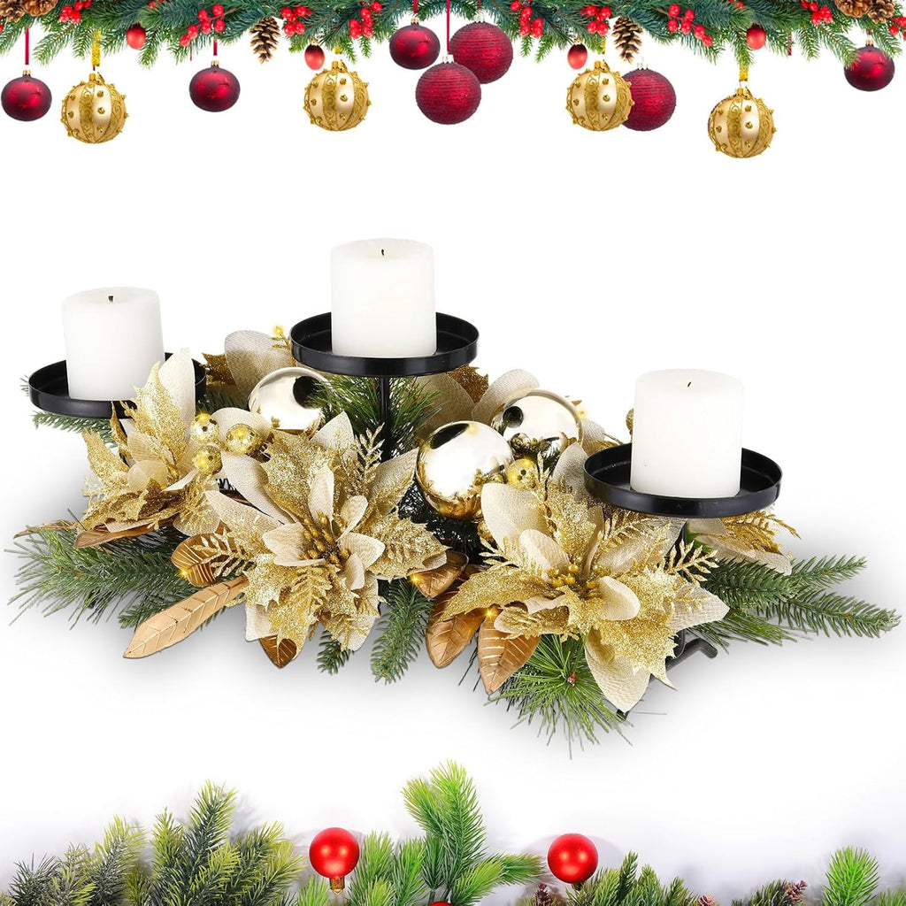 Regine Switzerland Christmas Table Centerpiece - 3 Candle Holders with Gold Poinsettia & Pinecones | Festive Ornaments for Holiday Decor