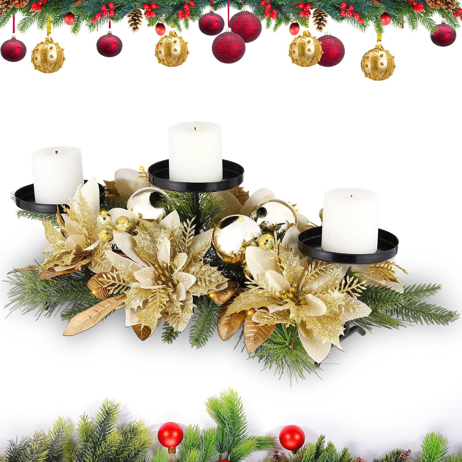 Regine Switzerland Christmas Table Centerpiece - 3 Candle Holders with Gold Poinsettia & Pinecones | Festive Ornaments for Holiday Decor