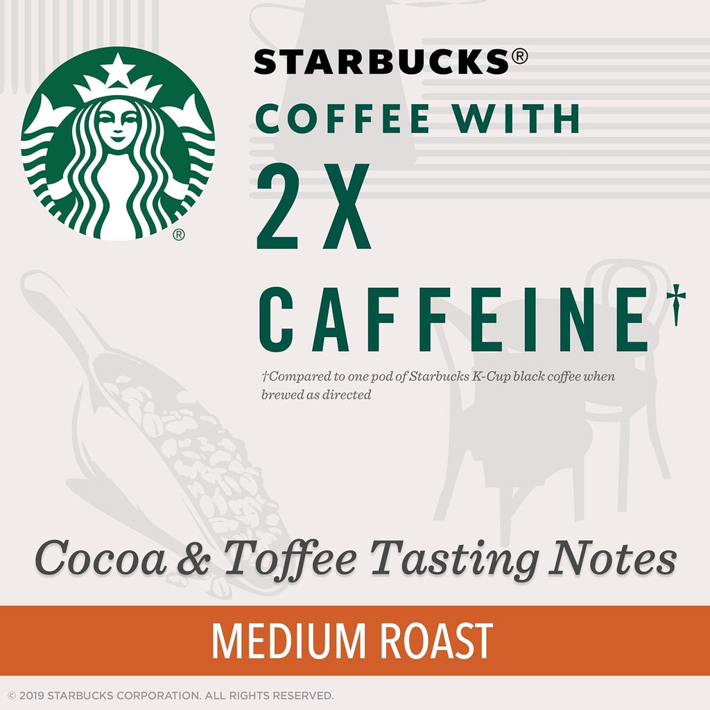 Starbucks Medium Roast K-Cup Coffee Pods - 2X Caffeine for Keurig Brewers | 48 Pods Total