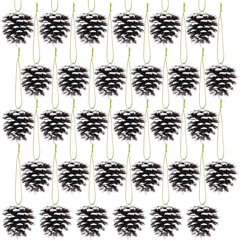 Winlyn White Frosted Pinecone Christmas Ornaments Set of 30 with Gold Hanging Strings - Snowy Natural Pine Cones for Tree, Wreath, Garland (Variation: White)