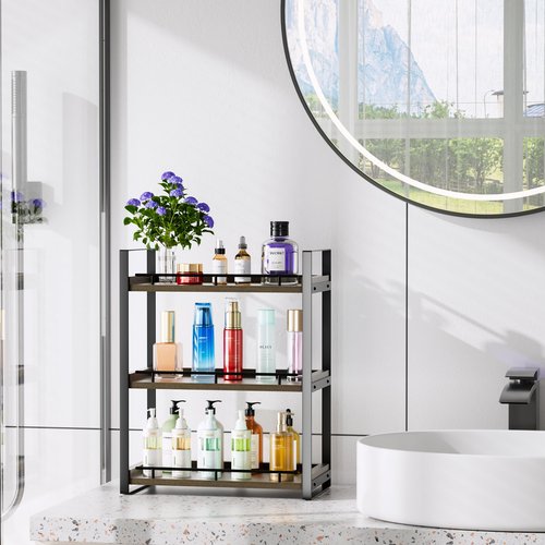 CeleVista Bathroom Counter Organizer, 3 Tier Wood Countertop Shelf for Vanity, Skincare, Makeup, Kitchen Coffee and Sink Storage, with Durable Metal Bracket (Dark Brown)