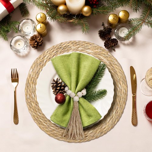 Hardcometrue Woven Placemats Set of 8, 13.8" Natural Water Hyacinth Round Rattan Placemats with Wooden Beads Napkin Rings for Kitchen Dining Table Decor