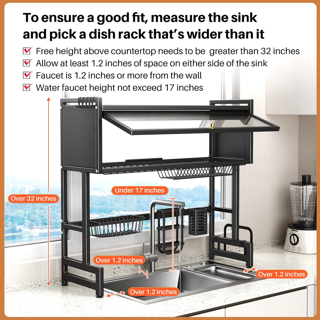 Over The Sink Dish Drainer Drying Rack 3 Tiers with Cover, Keep Kitchen Sink Shlef Organized Space-Saving Dish Drying Rack, Large Stainless Steel Sink Dish Rack for Dishes, Bowls, Cutlery (37.4"w)