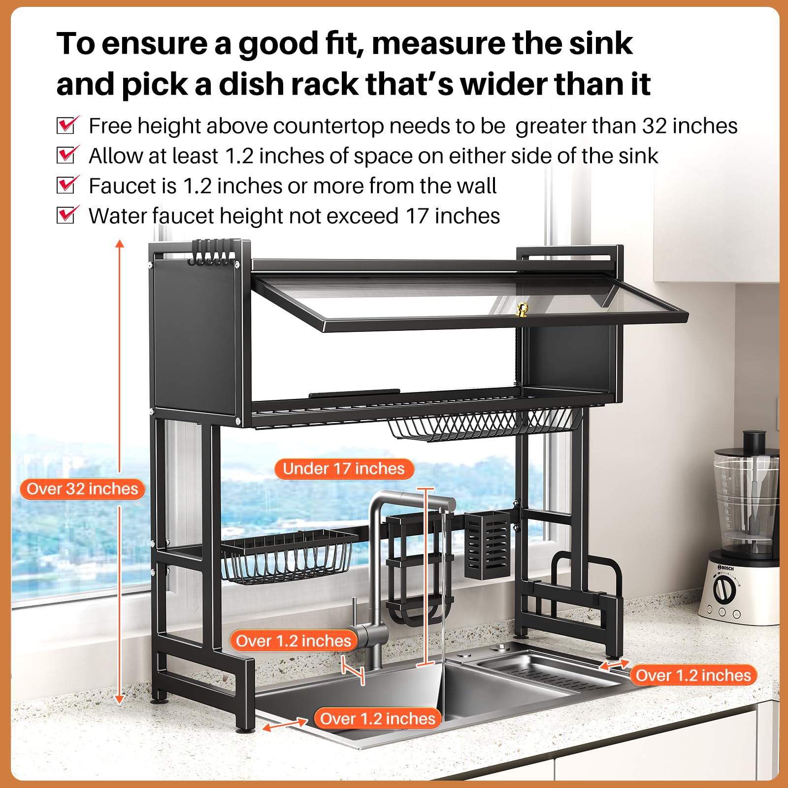 Over The Sink Dish Drainer Drying Rack 3 Tiers with Cover, Keep Kitchen Sink Shlef Organized Space-Saving Dish Drying Rack, Large Stainless Steel Sink Dish Rack for Dishes, Bowls, Cutlery (37.4"w)