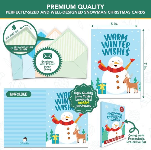 Decorably 16 Pack Christmas Cards - 5x7in Snowman Designs with Envelopes & Stickers for Holiday Greetings
