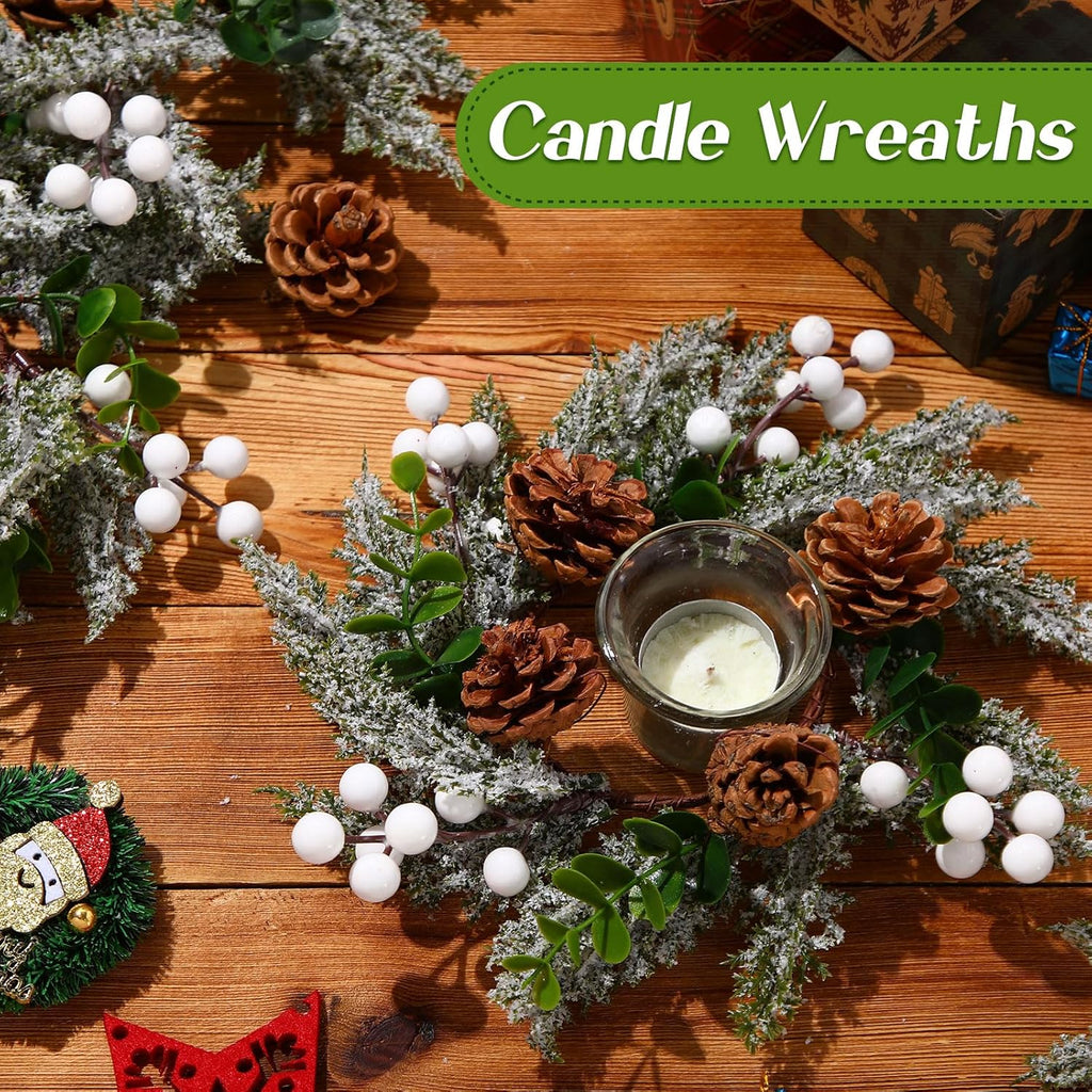 Vercraft 6-Piece Christmas Candle Rings - Snowy Pine Garland with White Berries & Pine Cones | Festive Home Decor