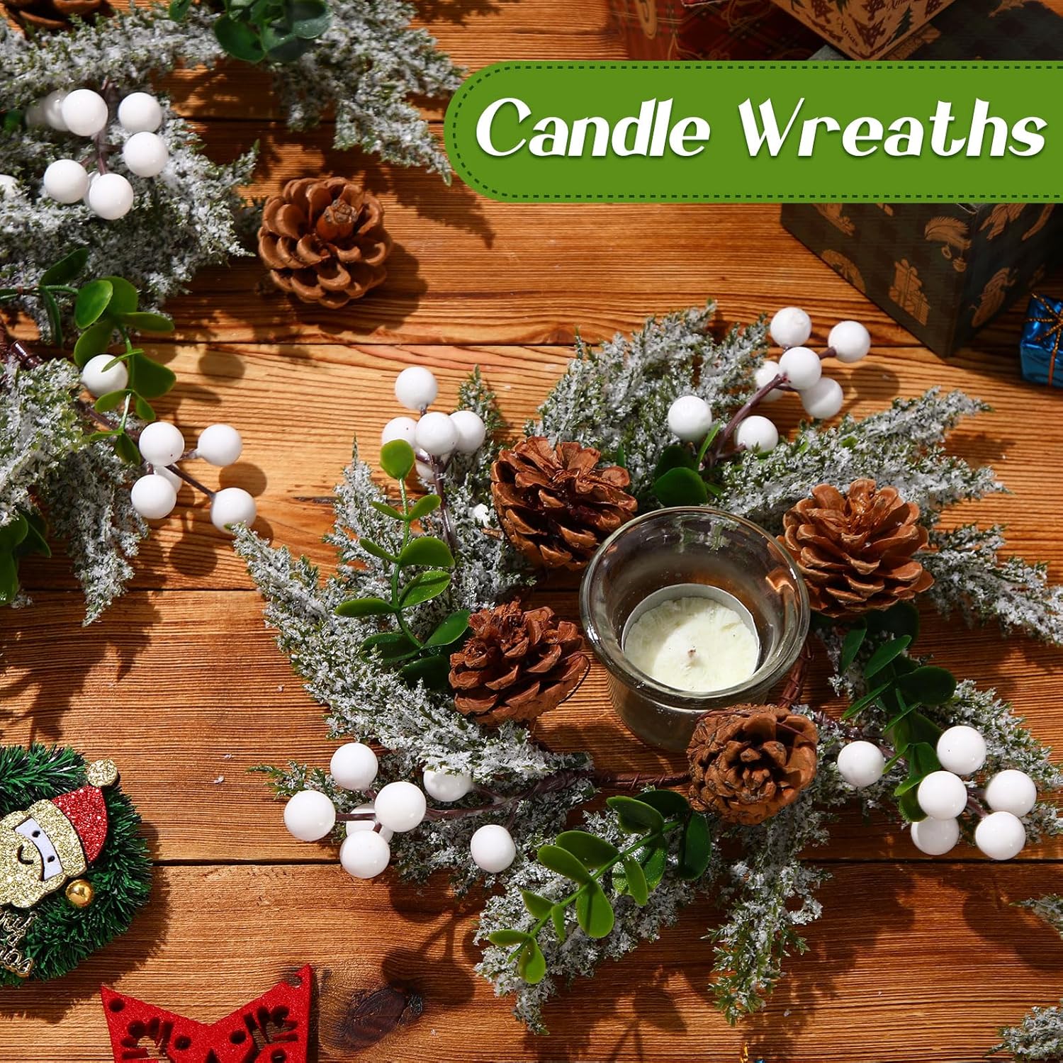 Vercraft 6-Piece Christmas Candle Rings - Snowy Pine Garland with White Berries & Pine Cones | Festive Home Decor
