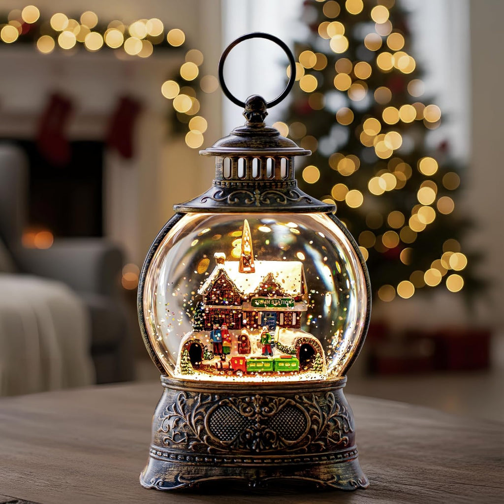 Regine Switzerland Christmas Snow Globe - Musical Water Lantern with 6-Hour Timer | USB & Battery Operated