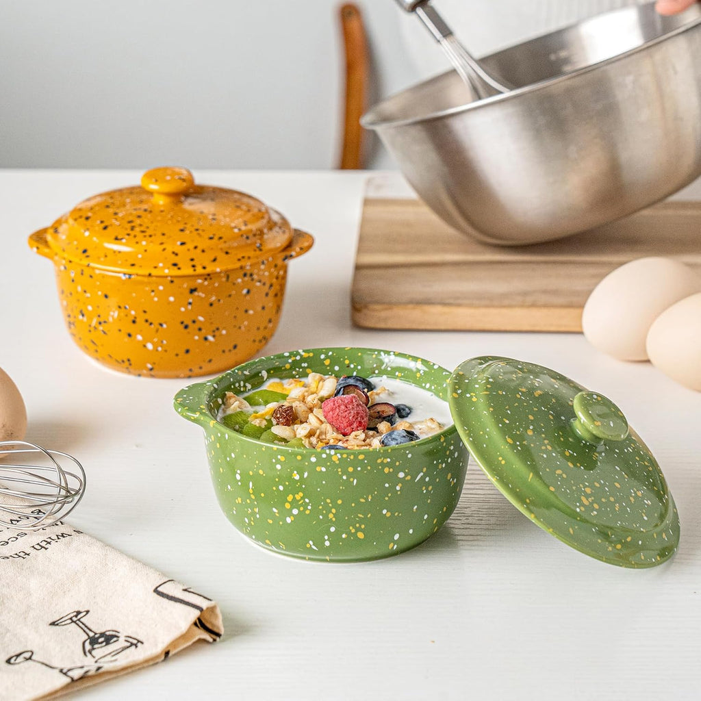 Skiennix Mini Ceramic Casserole Dishes - Oven-Safe 10 Oz Ramekins with Lids & Handles | Green 4-Pack