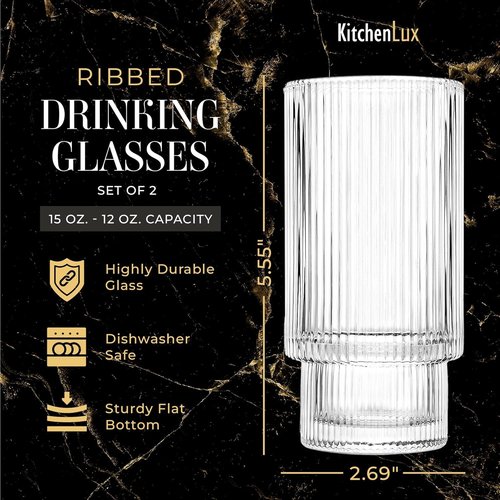 Kitchen Lux Ribbed Drinking Glasses - Ribbed Glass Cups 12 oz - Ribbed Glassware Set of 12 - Textured Vintage Retro Ripple Aesthetic Glass Ware for Whiskey Cocktail Beer Water, Coffee Bar Accessories