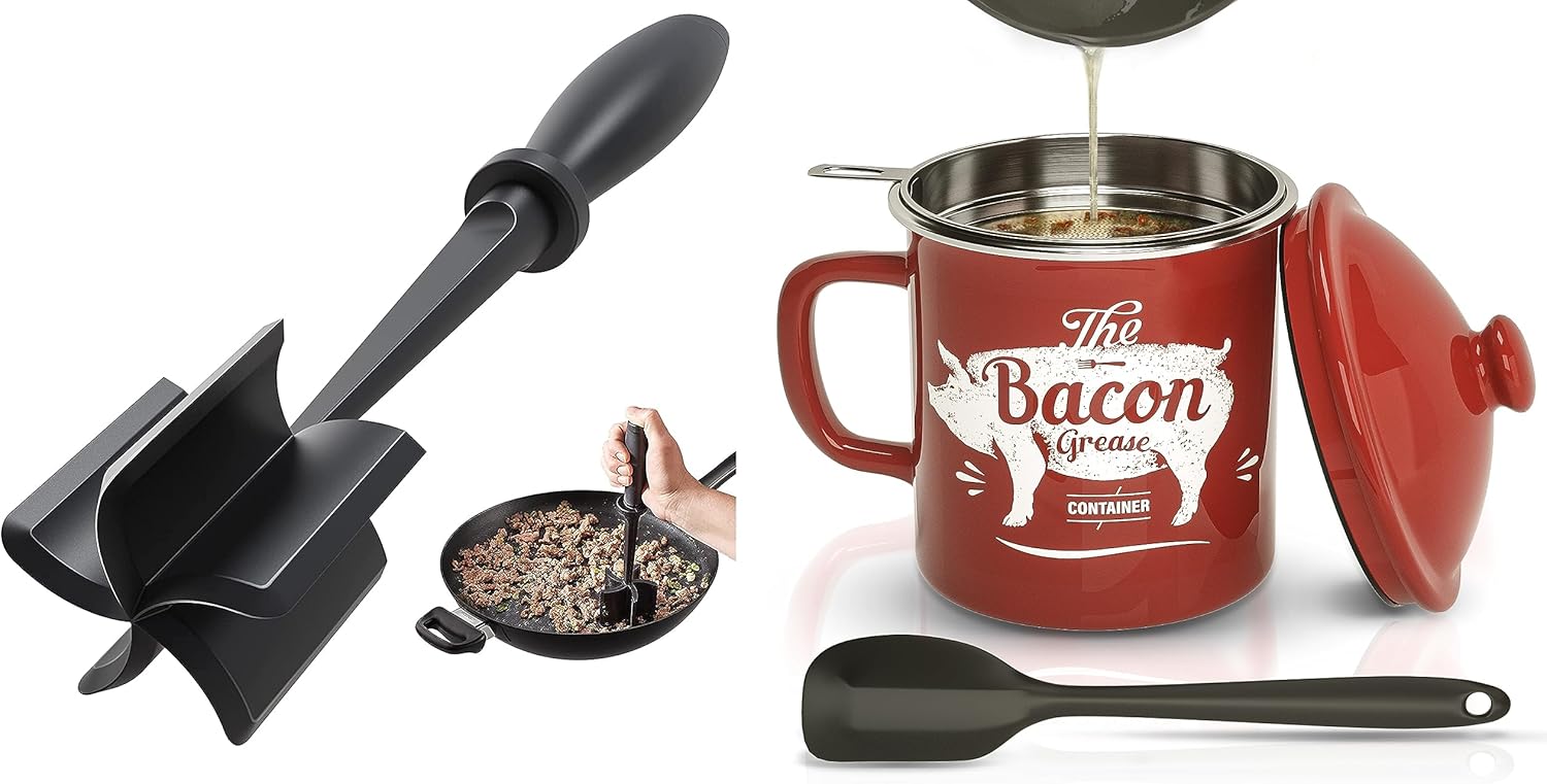 Skiennix Black Meat Chopper - 46oz Red Bacon Grease Container for Easy Cooking Cleanup