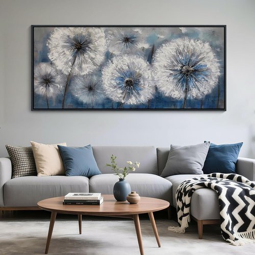 Blue Dandelion Canvas Wall Art - Large Framed Modern Floral Print for Living Room Decor