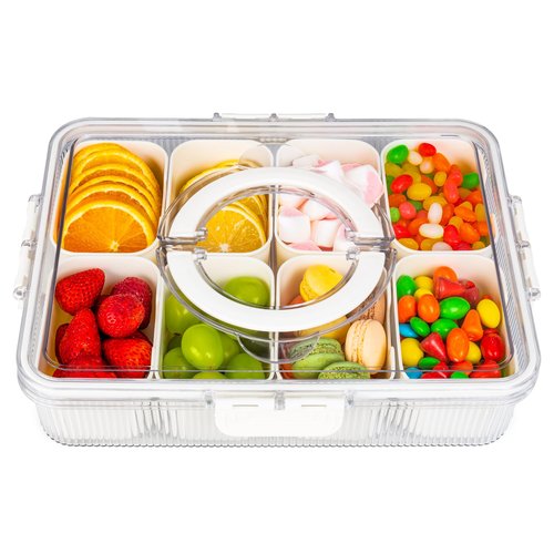 FEIOOD Patent Design Ribbed Snackle Box Container Snack Container Divided Serving Tray with Lid and Handle, 8 Divider Portable Snacklebox for Travel Beach for Charcuterie Veggie Fruit Candy,1 Pack