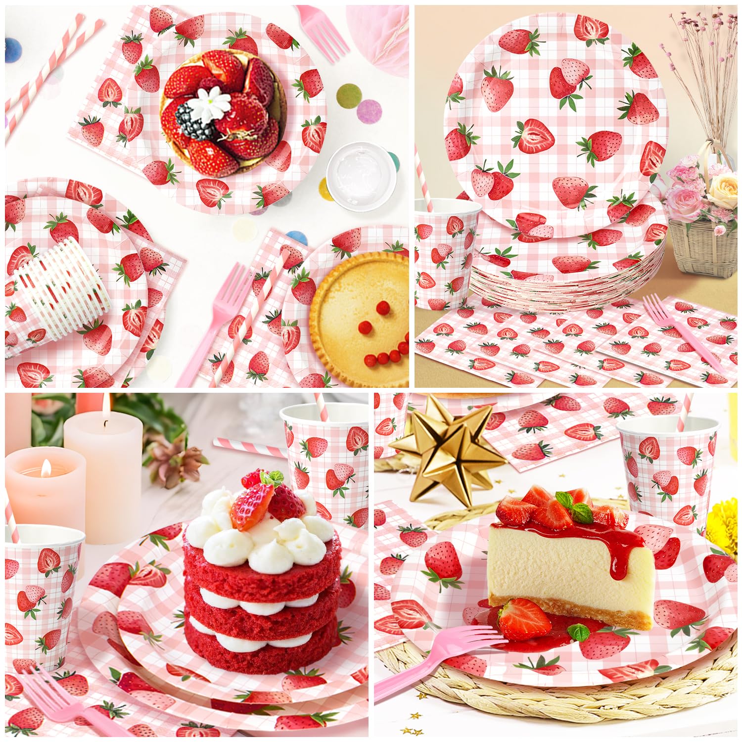 144 Pcs Strawberry Plates and Napkins Tableware Set, Plates Napkins Cups Straws and Forks Sets, Strawberry Party Birthday Supplies, Shortcake Birthday Decorations, Serves 24 Guests