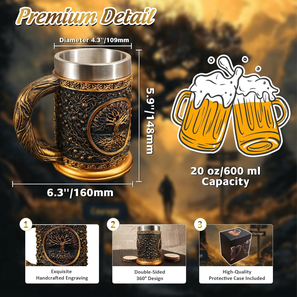 Original Handmade Viking Mug - 20oz Yggdrasil Tree of Life Beer Tankard - Stainless Steel Medieval Celtic Pirate Heavy Cup - Norse Mythology Decor Gifts for Men Women
