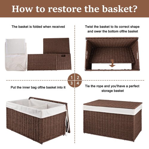 OIAHOMY Storage Basket with Lid, 27.7 Gallon (105L) Blanket Basket with Removable Separated Liner Bag, Paper Rope Hamper with Handle, Foldable, Shelf Basket for Living Room, Brown