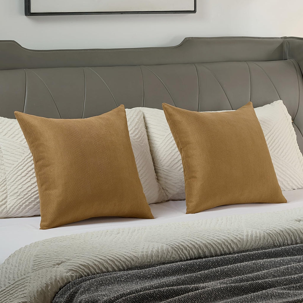 FUTEI Pack of 2 Chevron Chenille Throw Pillow Covers 18x18 Inch Soft Herringbone Textured Decorative Cushion Case Farmhouse Accent Pillows for Couch Bed Living Room, Camel