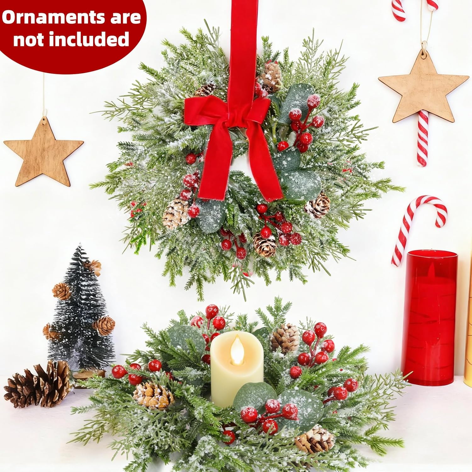 Regine Switzerland Mini Christmas Wreath Candle Rings - Flocked 10"x3.5" Snowy Pinecone & Red Berry Decor