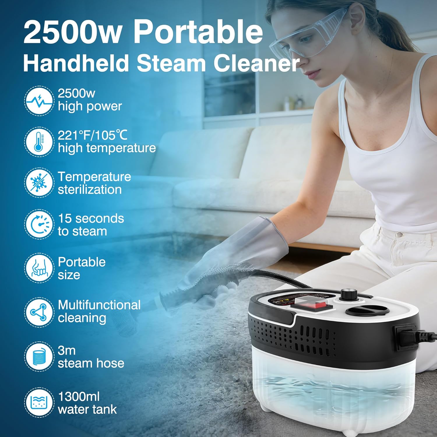 Skiennix Steam Cleaner - 2500W High Pressure Portable Steamer with 6 Adjustable Levels & 17-Pc Kit
